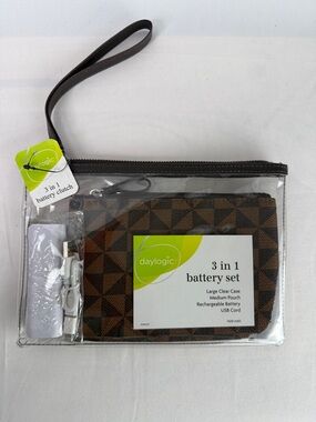 Clear PVC Wristlet with Brown Geometric Pouch